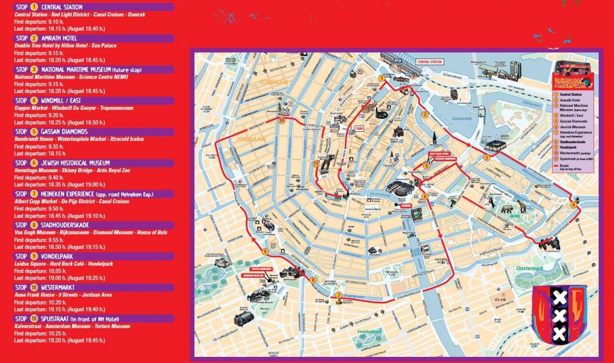 Amsterdam hop on hop off bus tour mapě