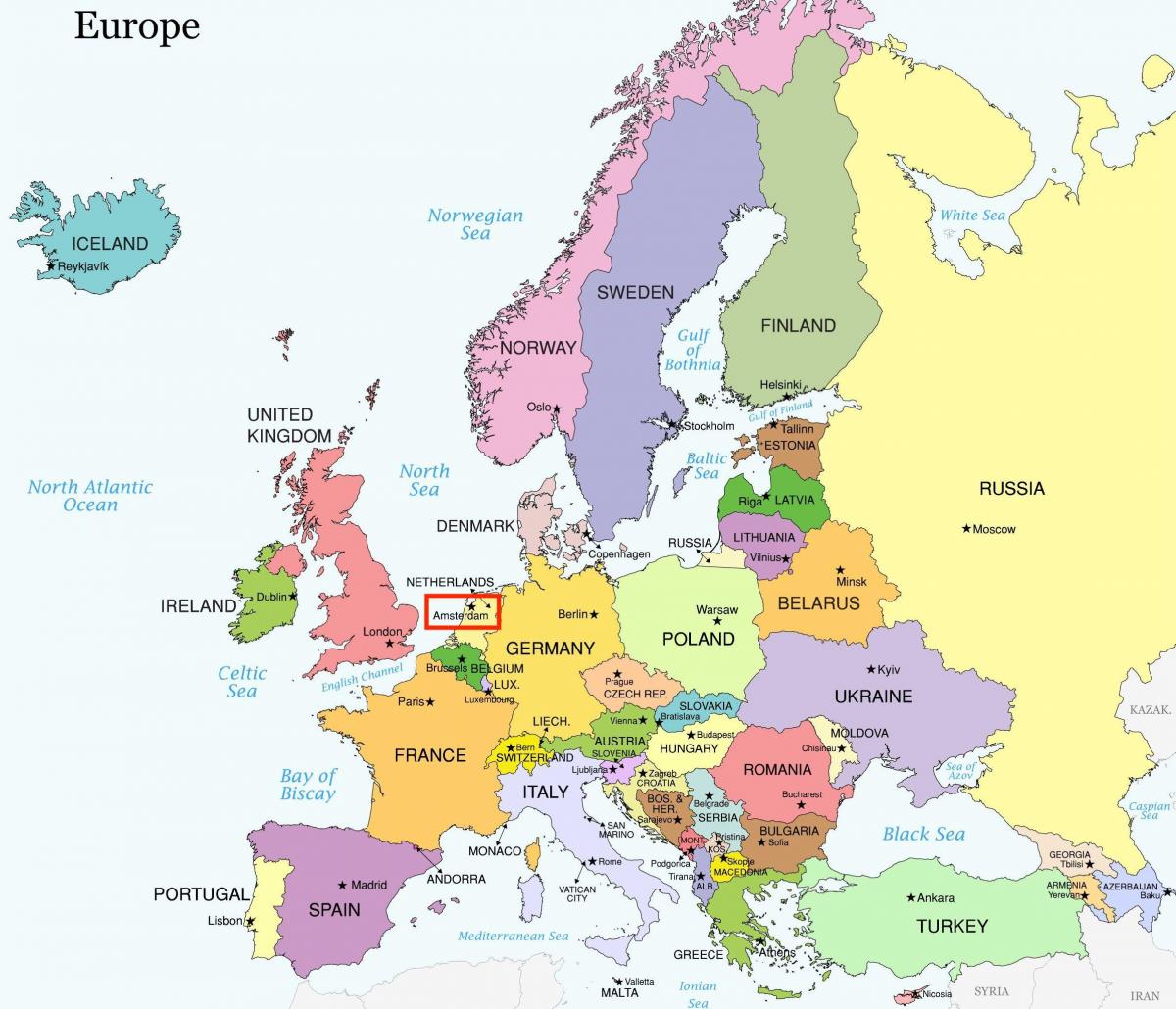 Amsterdam na mapě evropy