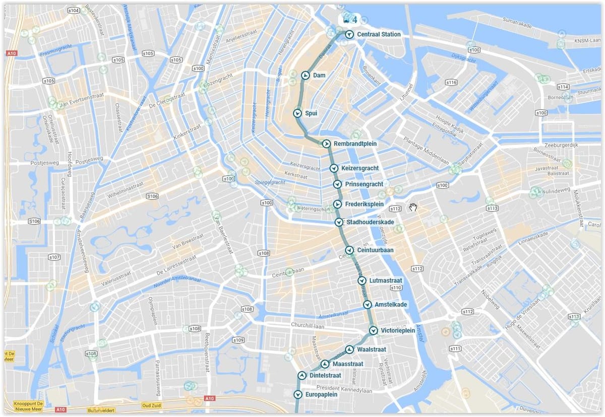 Amsterdam tramvajové 4 mapa trasy