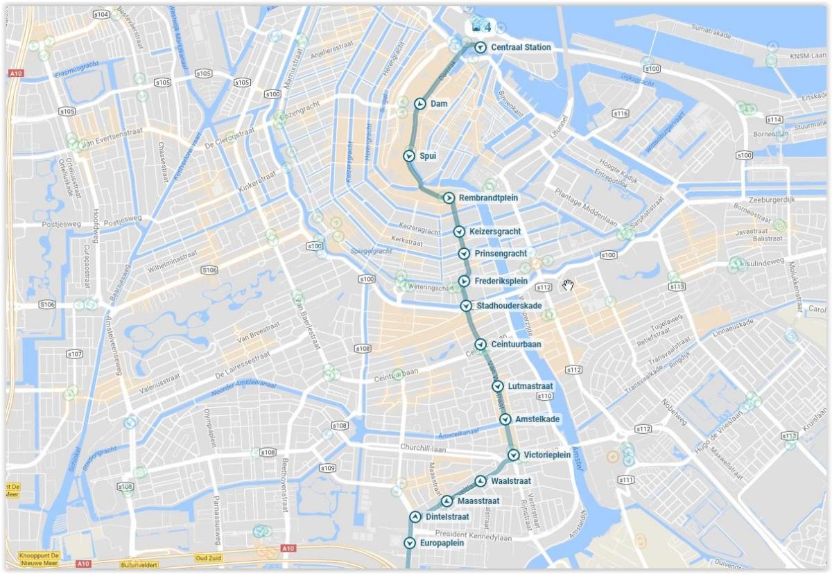 Amsterdam tramvajové 4 mapa trasy