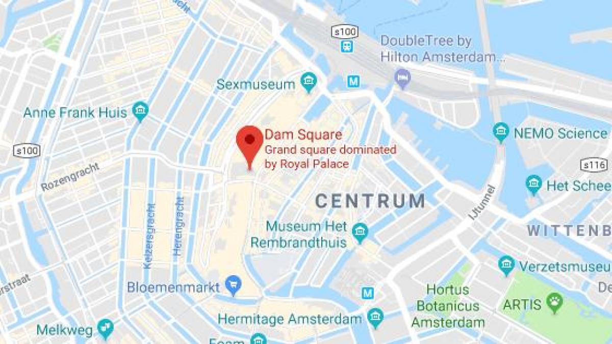 mapa Amsterdamu na náměstí dam